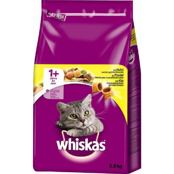Whiskas │ Adult 1+ Knabberstückchen mit Huhn – 1 x 3,8kg │ Katzentrockenfutter