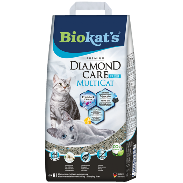 Biokats │ Diamond Care MultiCat Fresh mit Duft -  1 x 8 L │Feine Katzenstreu mit Aktivkohle