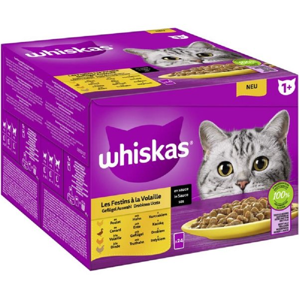 Whiskas │Portionsbeutel Multipack Vorratspack 1+ Geflügel Auswahl in Sauce - 2 x 24 x 85g  │ Katzennassfutter
