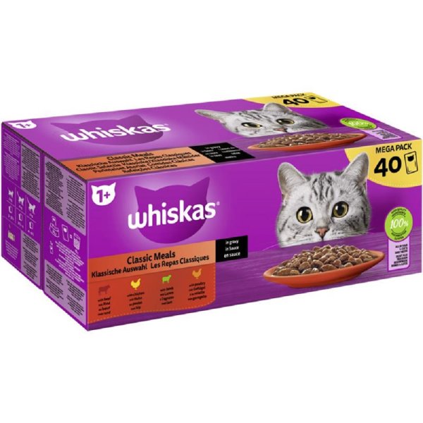 Whiskas │Portionsbeutel Multipack Mega Pack 1+ Klassische Auswahl in Sauce - 40 x 85g │ Katzennassfutter