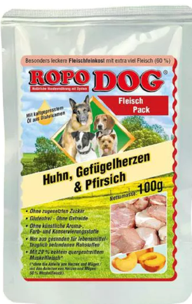 RopoDog│Huhn, Geflügelherzen & Pfirsich - 6 x 300 g │ Nassfutter