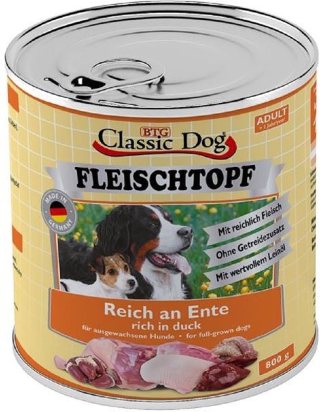 Classic Dog│ Fleischtopf Pur Reich an Ente - 6 x 800g│ Hundefutter