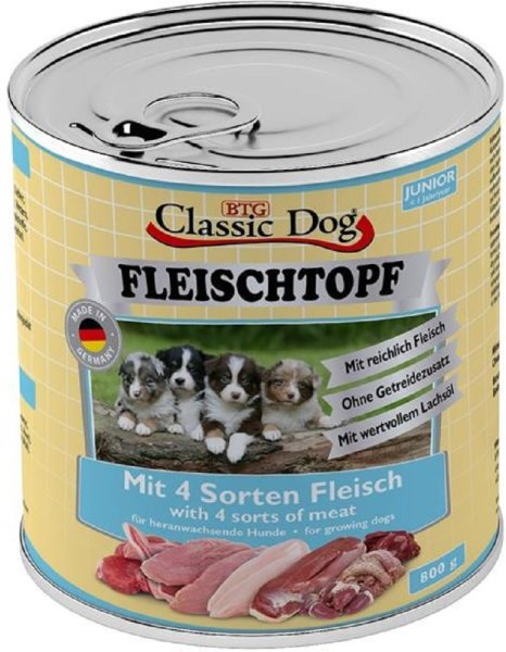 Classic Dog│ Fleischtopf Junior 4 Sorten Fleisch - 6 x 800g │ Nassfutter