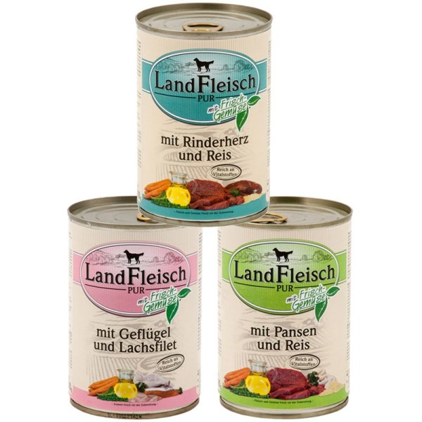LandFleisch¦ Dog Mixpaket 30 x 400g verschiedene Sorten¦ nasses Hundefutter inDosen