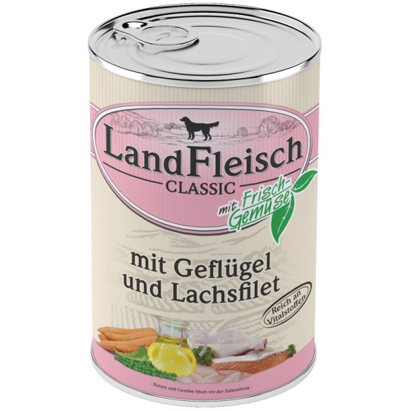 LandFleisch | Pur Geflügel & Lachsfilet - 6 x 800g ¦ nasses Hundefutter in der Dose