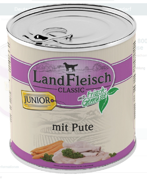 LandFleisch | Junior Pute mit Frisch-Gemüse -  6 x 800 g¦nasses Hundefutter in der Dose