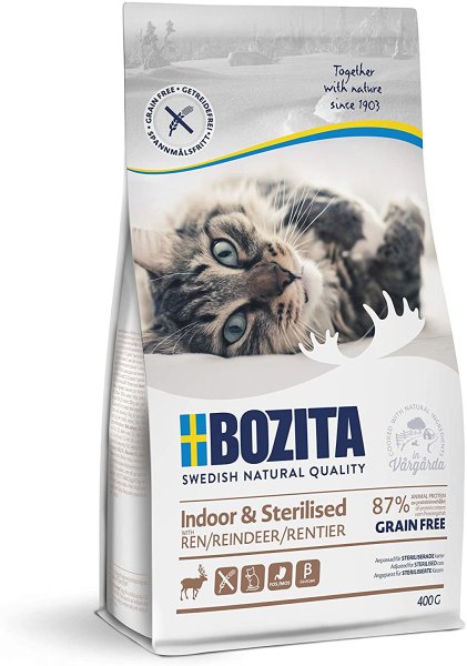 BOZITA ¦Indoor & Sterilised Getreidefrei mit Rentier - 0,4kg ¦ Trockenfutter für Katzen im Beutel
