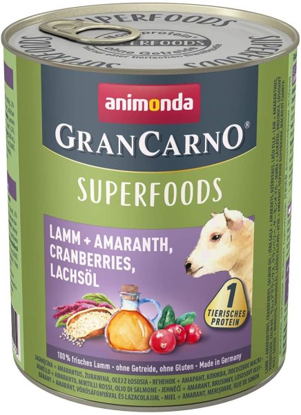 animonda &brvbar; GranCarno Adult - Superfoods - Lamm + Amaranth, Cranberries, Lachs&ouml;l - 6 x 800 g &brvbar; nasses Hundefutter in Dosen