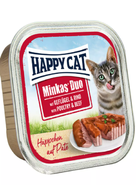 Happy Cat &brvbar; Duo Pat&eacute; - H&auml;ppchen - Gefl&uuml;gel &amp; Rind - 12 x 100g &brvbar; nasses Katzenfutter in Sch&auml;lchen