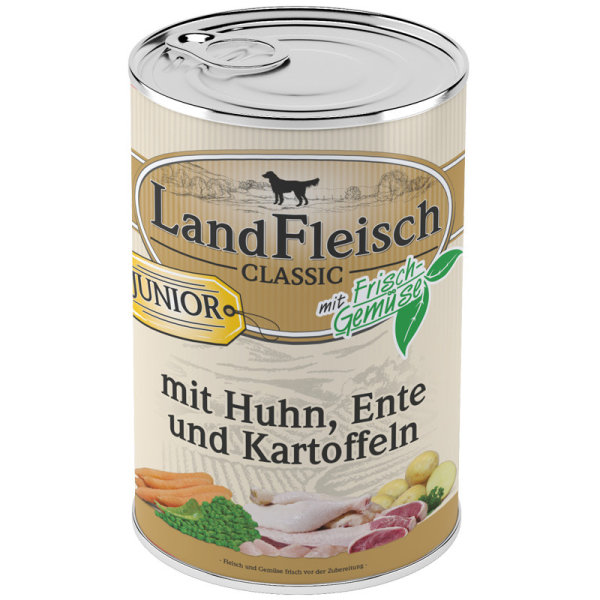 LandFleisch | Junior - Huhn, Ente & Kartoffeln -  12 x 400g ¦ nasses Hundefutter in Dosen