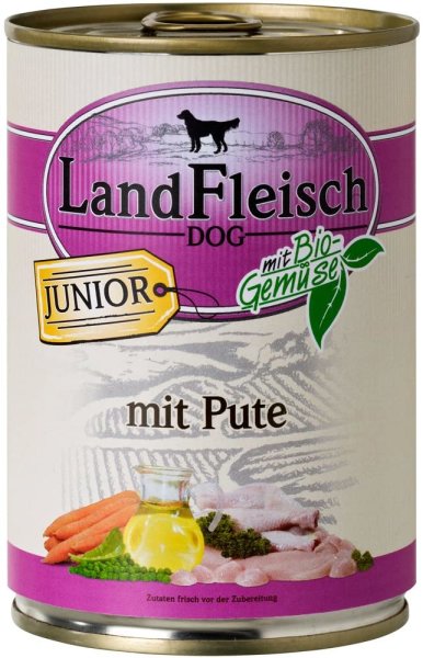 LandFleisch | Junior- Pute mit Frisch-Gemüse - 12 x 400 g ¦ nasses Hundefutter in Dosen