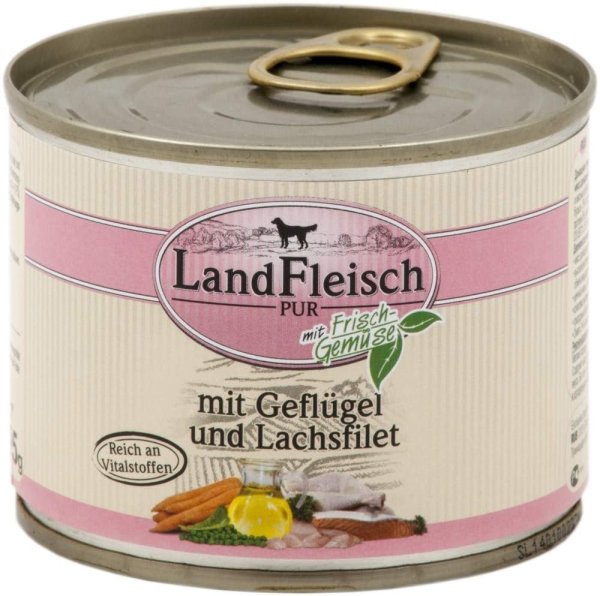 LandFleisch | Pur - Geflügel & Lachsfilet - 12 x 195g ¦ nasses Hundefutter in Dosen