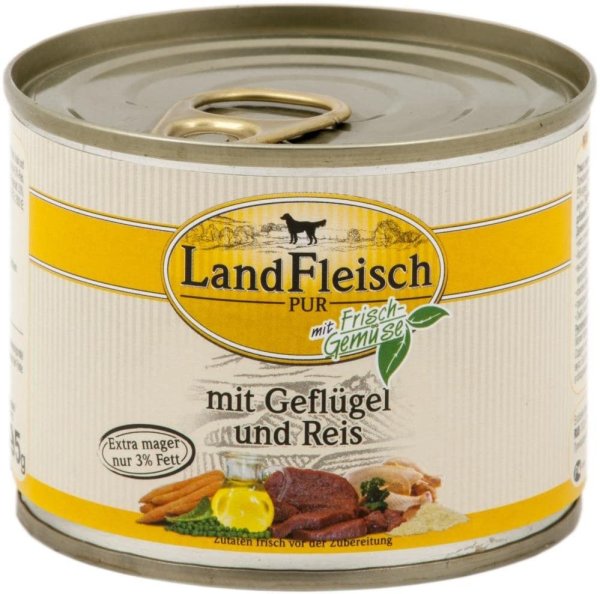 LandFleisch | Pur - Geflügel & Reis extra mager - 12 x 195g ¦ nasses Hundefutter in Dosen