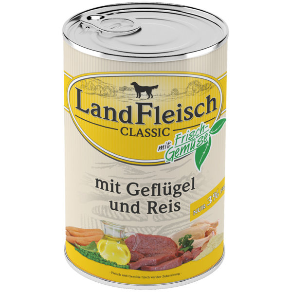 LandFleisch | Pur Geflügel & Reis extra mager - 12 x 400 g¦ nasses Hundefutter in Dosen