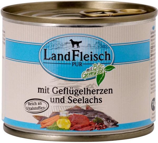 LandFleisch | Pur - Geflügelherzen & Seelachs - 12 x 195g ¦ nasses Hundefutter in Dosen