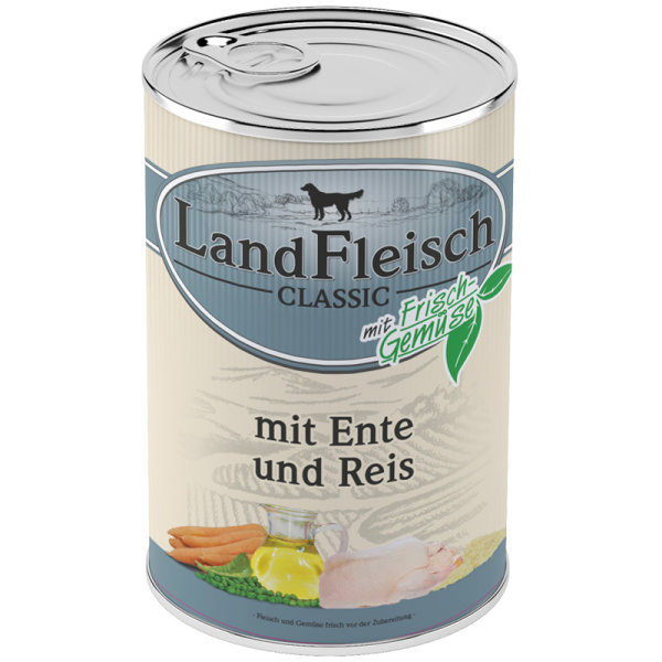 LandFleisch | Pur mit Ente und Reis mit Frisch-Gemüse - 12 x 400 g¦ nasses Hundefutter in Dosen