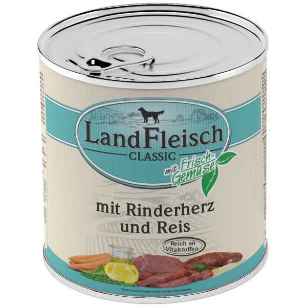 LandFleisch | Pur - Rinderherz &amp; Reis - 6 x 800g &brvbar; nasses Hundefuttter in Dosen