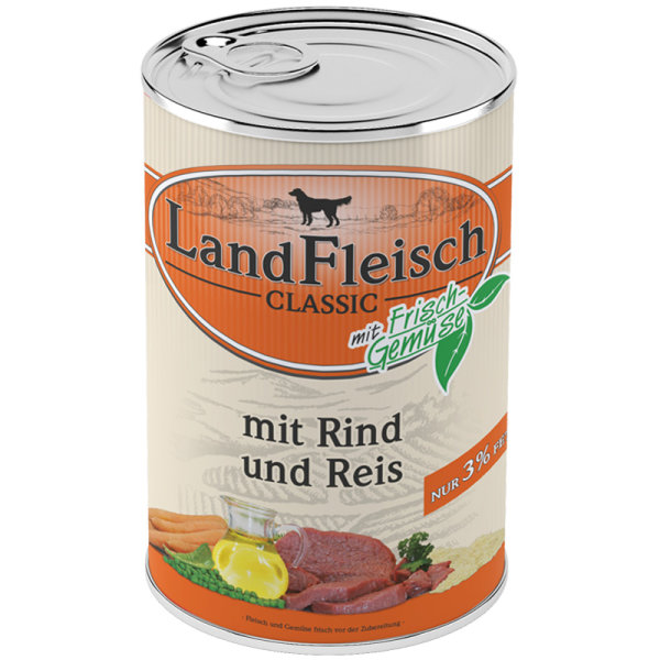 LandFleisch | Pur - Rind &amp; Reis extra mager - 12 x 400 g&brvbar; nasses Hudefutter in Dosen