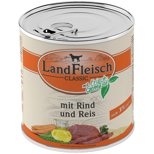 LandFleisch | Pur - Rind &amp; Reis extra mager - 6 x 800g &brvbar; nasses Hundefutter in Dosen