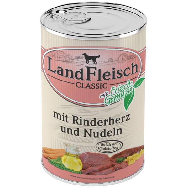 LandFleisch | Pur - Rinderherz &amp; Nudeln - 12 x 400g &brvbar; nasses Hundefutter in Dosen