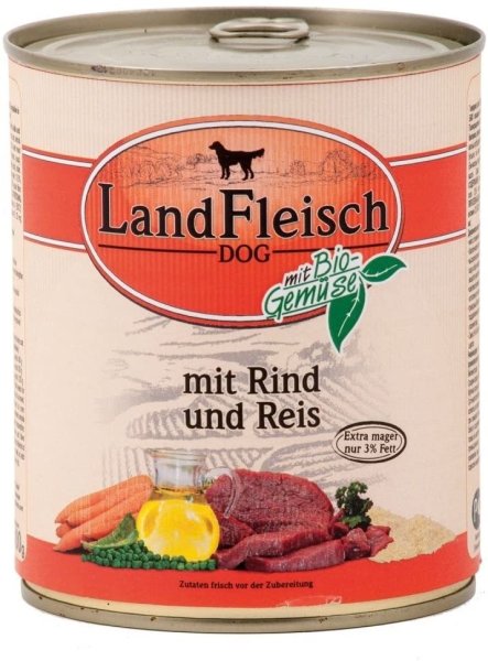 LandFleisch | Pur -Rinderherz &amp; Nudeln - 6 x 800 g&brvbar; nasses Hundefutter in Dosen