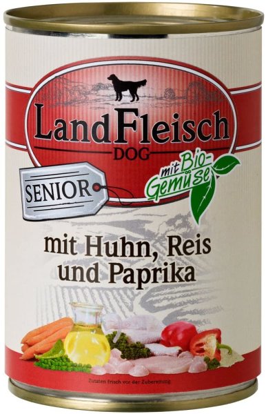 LandFleisch | Senior - Gefl&uuml;gel, Reis &amp; Paprika - 12 x 400g &brvbar; nasses Hundefutter in Dosen