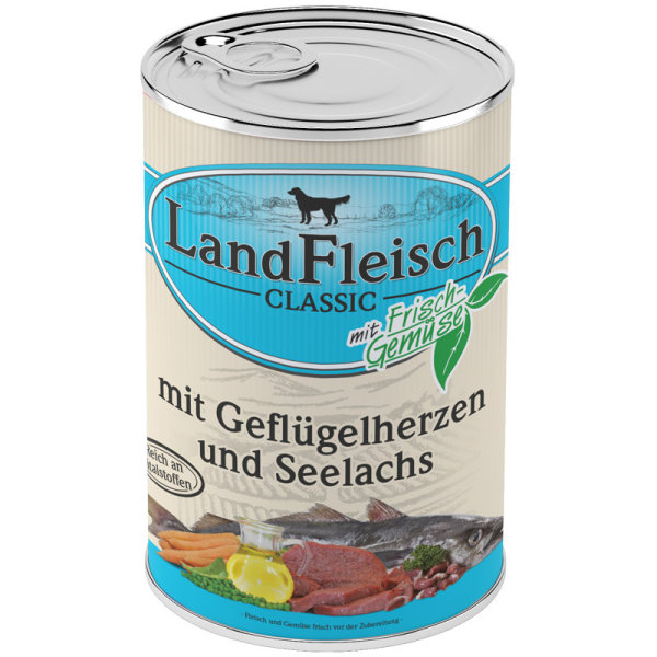 LandFleisch ¦ Pur- Geflügelherzen & Seelachs - 12 x 400g ¦ nasses Hundefutter in Dosen