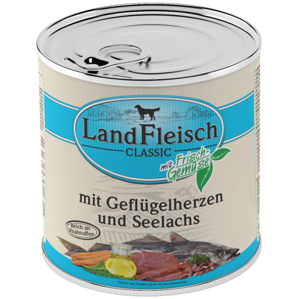 LandFleisch ¦ Pur - Geflügelherzen & Seelachs- 6 x 800g ¦ nasses Hundefutter in Dosen