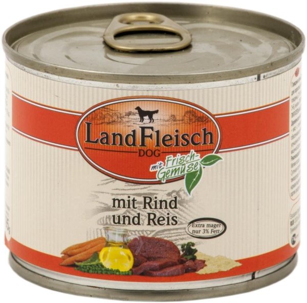 LandFleisch &brvbar; Pur - Rind &amp; Reis extra mager- 12x195g &brvbar; nasses Hundefutter in Dosen
