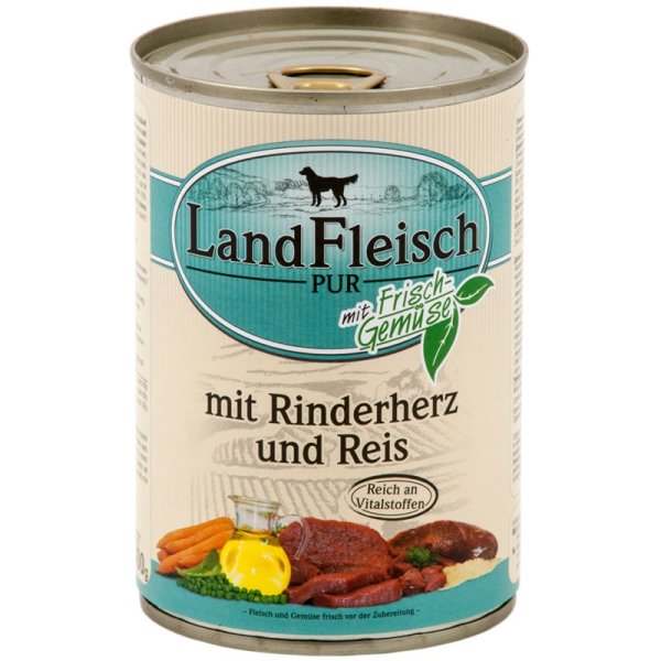 LandFleisch &brvbar; Pur - Rinderherzen &amp; Reis - 12 x 400g &brvbar; nasses Hundefutter in Dosen