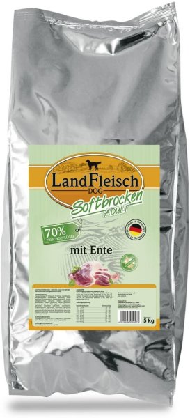LandFleisch ¦ Softbrocken - Adult mit Ente - 1 x 5 kg ¦ Hundetrockenfutter im 5kg Beutel