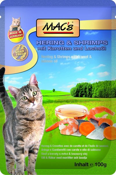 MACs Cat ¦ HERING & SHRIMPS - 12 x 100g ¦ nasses Katzenfutter im Pouchbeutel