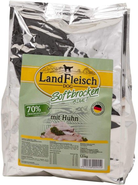 LandFleisch &brvbar; Softbrocken mit Huhn - 1 x 1.5 kg &brvbar; Hundetrockenfutter im Beutel