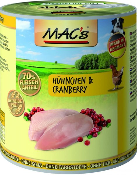 MAC`s | H&uuml;hnchen &amp; Cranberry - 6 x 800 g &brvbar; nasses Hundefutter in Dosen