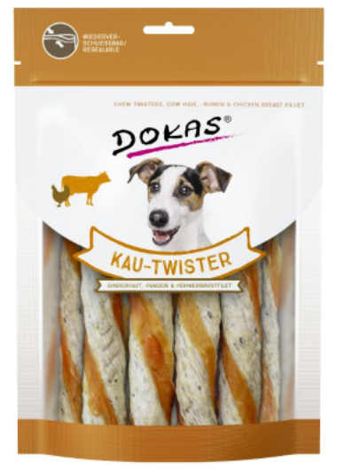 DOKAS ¦ Kau-Twister - Rinderhaut, Pansen & Hühnerbrust - 4 x 200g ¦ Kauartikel für ausgewachsene Hunde
