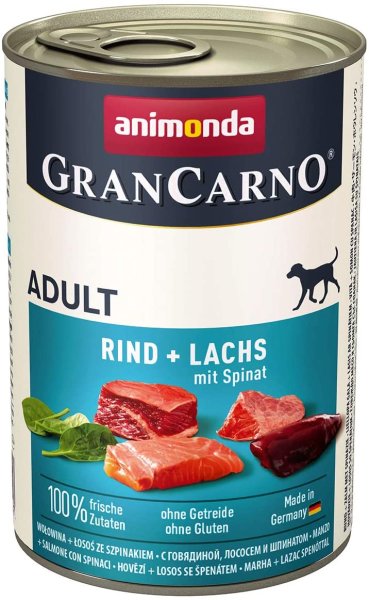 animonda - GranCarno ¦ Adult - Rind + Lachs mit Spinat - 6 x 400 g ¦ nasses Hundefutter in Dosen