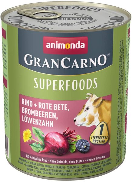 animonda - GranCarno&brvbar;Adult Superfoods  - Rind + Rote Bete, Brombeeren, L&ouml;wenzahn -  6 x 800 g &brvbar; nasses Hundefutter in Dosen
