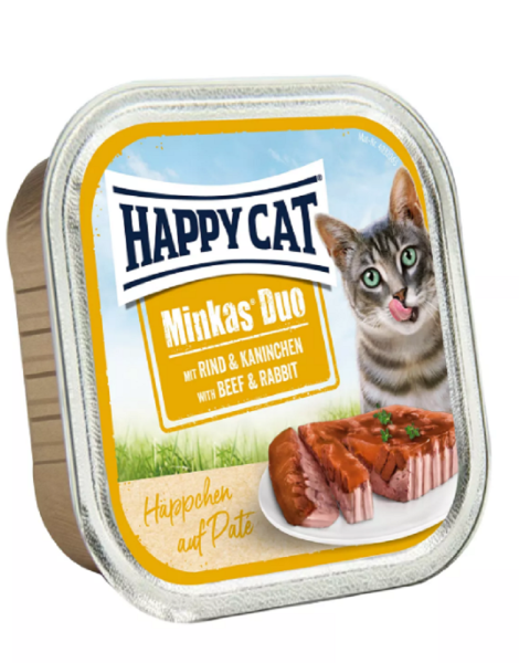Happy Cat ¦ Duo Paté - Häppchen - Rind & Kaninchen - 12 x 100g ¦ nasses Katzenfutter in Schälchen