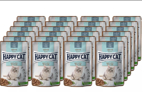Happy Cat &brvbar; Sensitive - Haut &amp; Fell - 24 x 85g &brvbar; spezielles, nasses Futter f&uuml;r hautsensible Katzen im Pouchbeutel