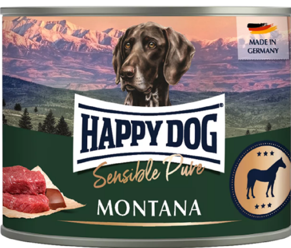 HAPPY DOG &brvbar; Sensible Pure - Montana - Pferd pur - 6 x 200g &brvbar; nasses Futter f&uuml;r ausgewachsene Hunde in Dosen