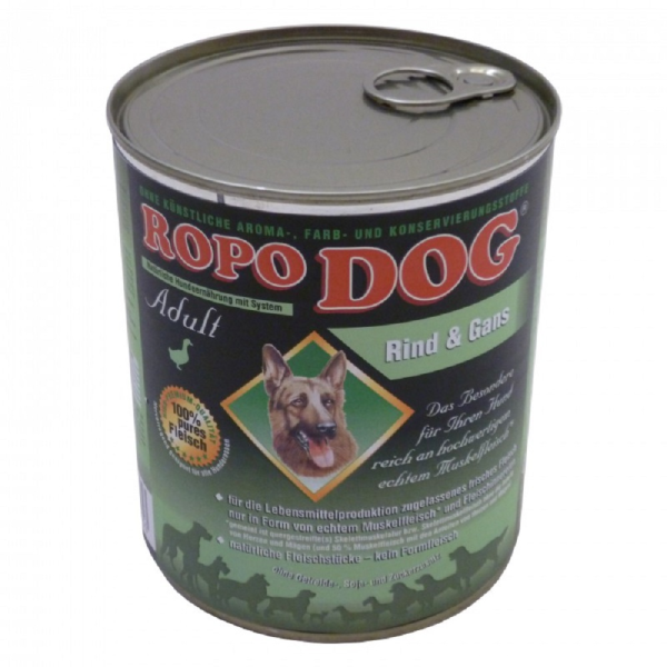 RopoDog &brvbar; Rind &amp; Gans - 12 x 800g &brvbar; nasses Futter f&uuml;r ausgewachsene Hunde in Dosen