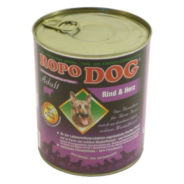 RopoDog &brvbar; Rind &amp; Herz - 12 x 800g &brvbar; nasses Futter f&uuml;r ausgewachsene Hunde in Dosen