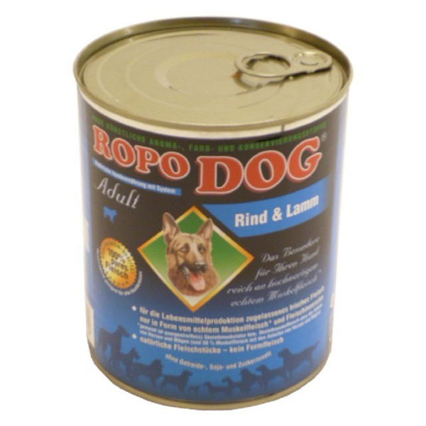 RopoDog &brvbar; Rind &amp; Lamm - 12 x 800g &brvbar; nasses Futter f&uuml;r ausgewachsene Hunde in Dosen