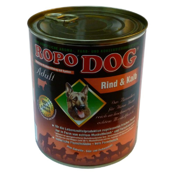 RopoDog ¦ Rind & Kalb - 12 x 800g ¦ nasses Futter für ausgewachsene Hunde in Dosen