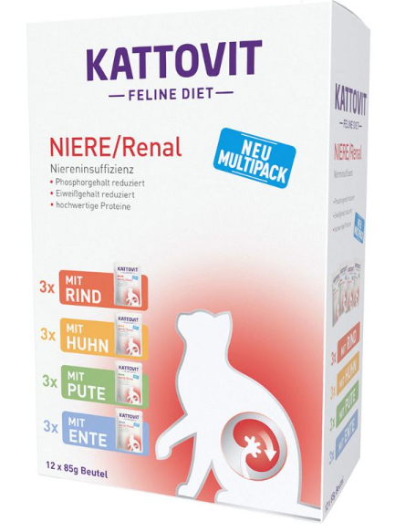 KATTOVIT ¦ Mixpaket - Niere/Renal - 4 verschiedene Sorten - 12 x 85g¦Diät-Nassfutter für Katzen bei chronischer Niereninsuffizienz