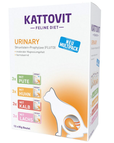 KATTOVIT &brvbar; Mixpaket - Urinary - 12 x 85g - 4 verschiedene Sorten &brvbar; Di&auml;tisches Alleinfutter f&uuml;r ausgewachsene Katzen zur Verringerung von Struvitsteinrezividen