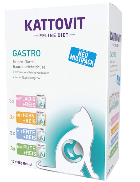 KATTOVIT ¦ Mixpaket - Gastro - 12 x 85g - 4 verschiedene Sorten ¦ Diät-Nassfutter für Katzen mit Verdauungsbeschwerden im Pouchbeutel