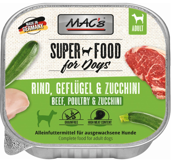 MACs Dog ¦ Rind, Geflügel & Zucchini - 11 x 150g ¦ nasses Hundefutter in Schälchen