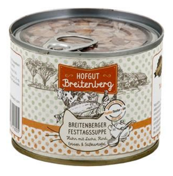 Hofgut Breitenberg ¦ Festtagssuppe -  Huhn mit Lachs, Rind, Erbsen & Süßkartoffeln - 12 x180g ¦hochwertiges Menü für Katzen in Dosen