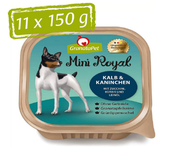 GranataPet ¦ Mini Royal - Kalb & Kaninchen mit Zucchini, Kürbis & Leinöl - 11 x 150g ¦ nasses Hundefutter in Schälchen